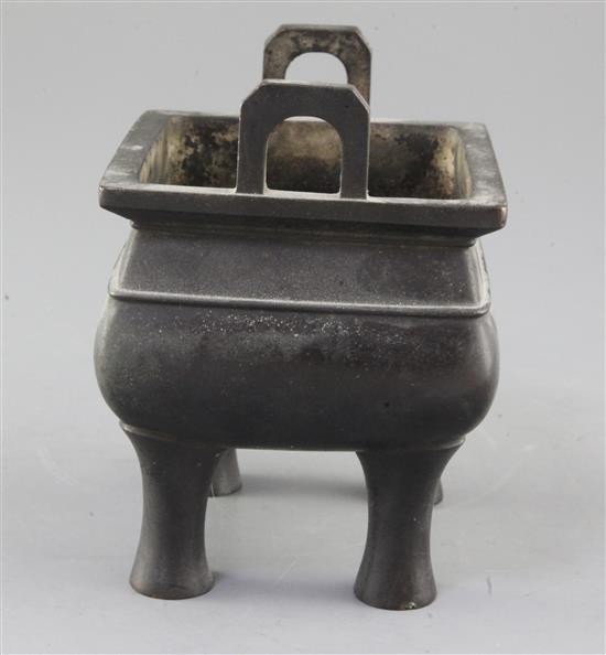 A Chinese bronze fang ding censer, Qing dynasty, height 13.5cm width 12.5cm